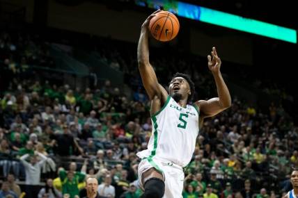 Oregon guard Jermaine Couisnard goes up for a shot as the Oregon Ducks host the UCLA Bruins Saturday, Dec. 30, 2023, at Matthew Knight Arena in Eugene, Ore.