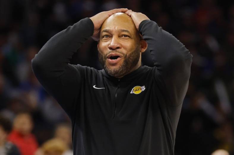 Dec 30, 2023; Minneapolis, Minnesota, USA; Los Angeles Lakers head coach Darvin Ham reacts to call by a referee for the Minnesota Timberwolves in the third quarter at Target Center. Mandatory Credit: Bruce Kluckhohn-USA TODAY Sports