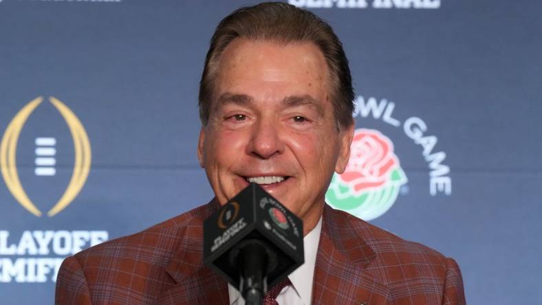 Dec 31, 2023; Los Angeles, CA, USA; Alabama Crimson Tide head coach Nick Saban at the Rose Bowl coaches press conference at the Sheraton Grand  Mandatory Credit: Kirby Lee-USA TODAY Sports