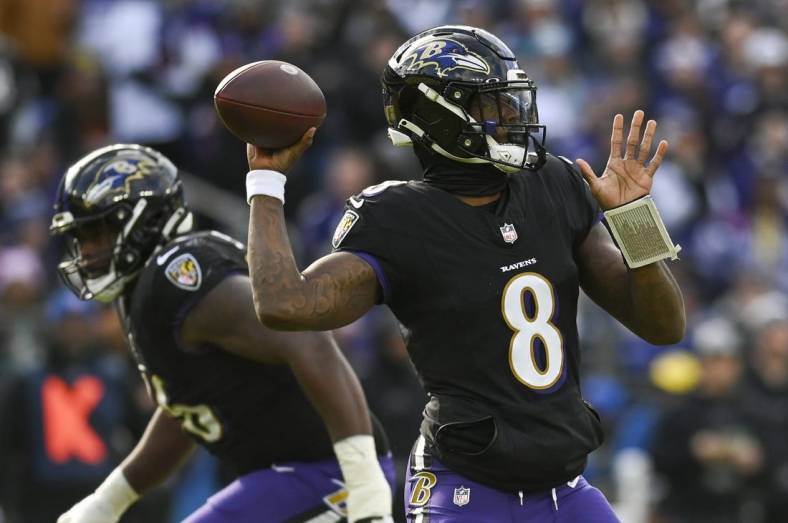 Dec 31, 2023; Baltimore, Maryland, USA; Baltimore Ravens quarterback Lamar Jackson (8) throws during the  during the first quarter against the Miami Dolphins at M&T Bank Stadium. Mandatory Credit: Tommy Gilligan-USA TODAY Sports