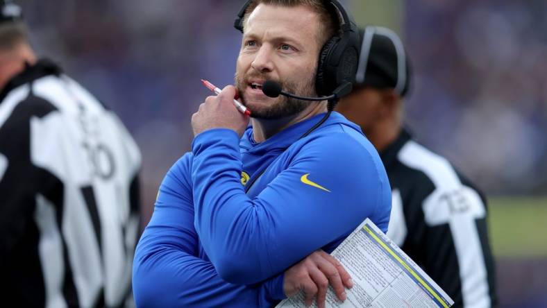 Dec 31, 2023; East Rutherford, New Jersey, USA; Los Angeles Rams head coach Sean McVay coaches against the New York Giants during the first quarter at MetLife Stadium. Mandatory Credit: Brad Penner-USA TODAY Sports