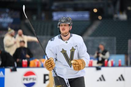 Dec 31, 2023; Seattle, Washington, USA; Vegas Golden Knights center Jack Eichel (9) during the practice session before the 2024 Winter Classic ice hockey game at T-Mobile Park. Mandatory Credit: Steven Bisig-USA TODAY Sports