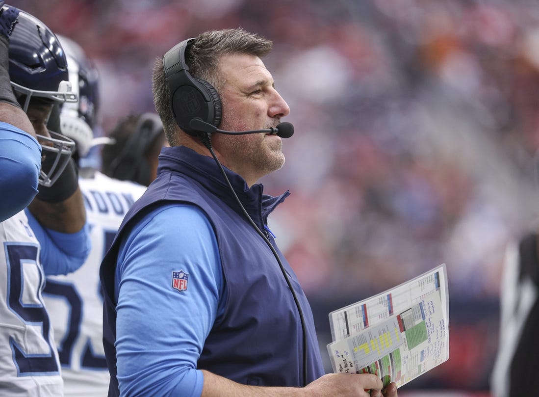 Dec 31, 2023; Houston, Texas, USA; Tennessee Titans head coach Mike Vrabel looks on during the first quarter against the Houston Texans at NRG Stadium. Mandatory Credit: Troy Taormina-USA TODAY Sports