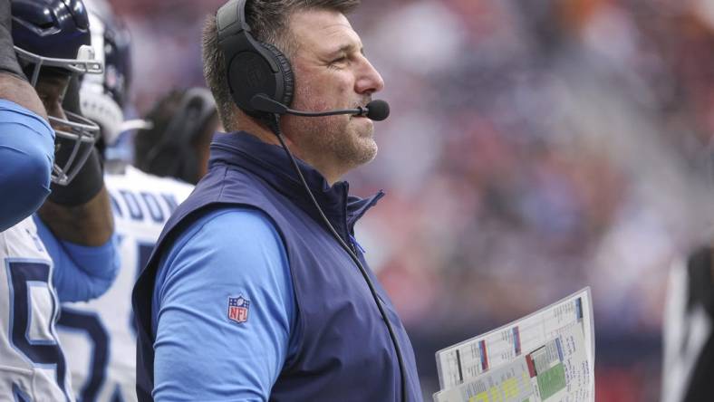 Dec 31, 2023; Houston, Texas, USA; Tennessee Titans head coach Mike Vrabel looks on during the first quarter against the Houston Texans at NRG Stadium. Mandatory Credit: Troy Taormina-USA TODAY Sports