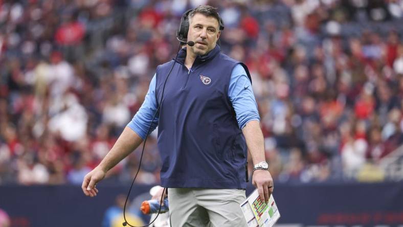 Dec 31, 2023; Houston, Texas, USA; Tennessee Titans head coach Mike Vrabel reacts after a play during the first quarter against the Houston Texans at NRG Stadium. Mandatory Credit: Troy Taormina-USA TODAY Sports