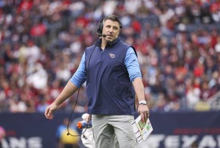 Dec 31, 2023; Houston, Texas, USA; Tennessee Titans head coach Mike Vrabel reacts after a play during the first quarter against the Houston Texans at NRG Stadium. Mandatory Credit: Troy Taormina-USA TODAY Sports