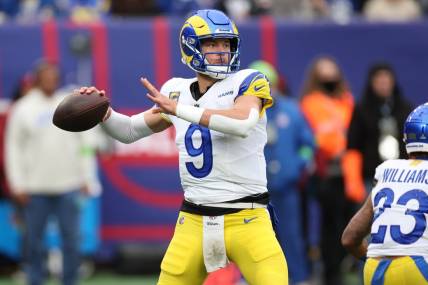 Dec 31, 2023; East Rutherford, New Jersey, USA; Los Angeles Rams quarterback Matthew Stafford (9) throws the ball during the first half against the New York Giants at MetLife Stadium. Mandatory Credit: Vincent Carchietta-USA TODAY Sports