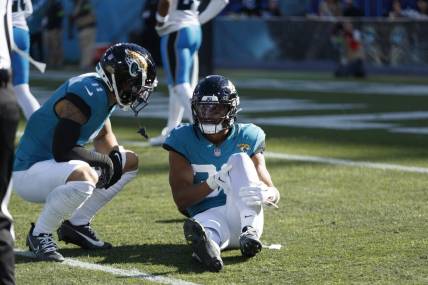 Dec 31, 2023; Jacksonville, Florida, USA; Jacksonville Jaguars wide receiver Jamal Agnew (39) holds his leg after an injury with teammate wide receiver Parker Washington (11) checking in against the Carolina Panthers during the second quarter at EverBank Stadium. Mandatory Credit: Morgan Tencza-USA TODAY Sports