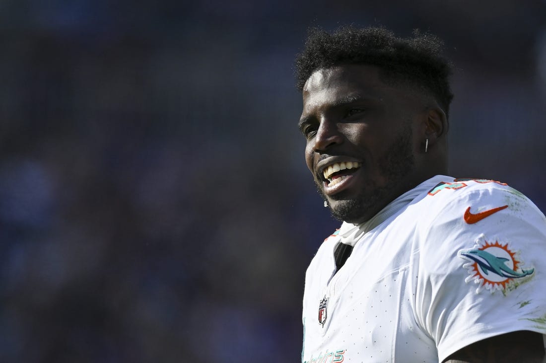 Dec 31, 2023; Baltimore, Maryland, USA;  Miami Dolphins wide receiver Tyreek Hill (10) on the sidelines during the first half against the Baltimore Ravens at M&T Bank Stadium. Mandatory Credit: Tommy Gilligan-USA TODAY Sports
