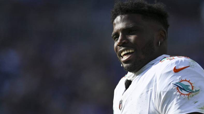 Dec 31, 2023; Baltimore, Maryland, USA;  Miami Dolphins wide receiver Tyreek Hill (10) on the sidelines during the first half against the Baltimore Ravens at M&T Bank Stadium. Mandatory Credit: Tommy Gilligan-USA TODAY Sports