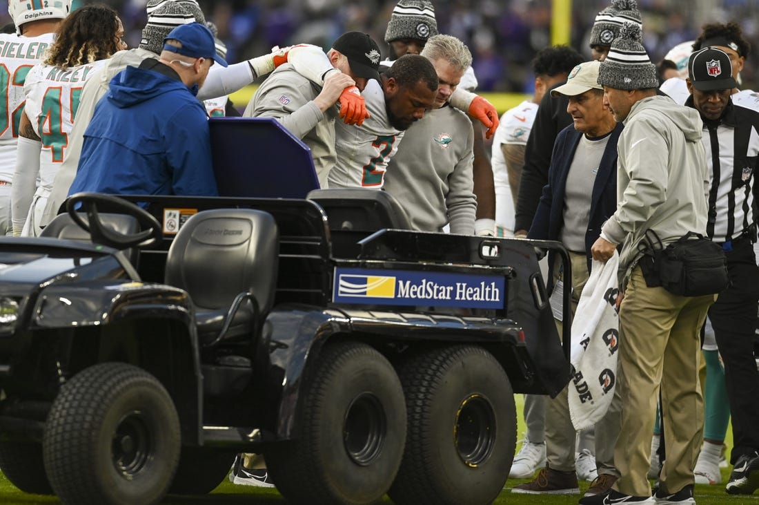 Dec 31, 2023; Baltimore, Maryland, USA;  Miami Dolphins linebacker Bradley Chubb (2) ins helped to the cart after being injured during the second  half against the Baltimore Ravens at M&T Bank Stadium.Baltimore Ravens defeated Miami Dolphins 56-19. Mandatory Credit: Tommy Gilligan-USA TODAY Sports