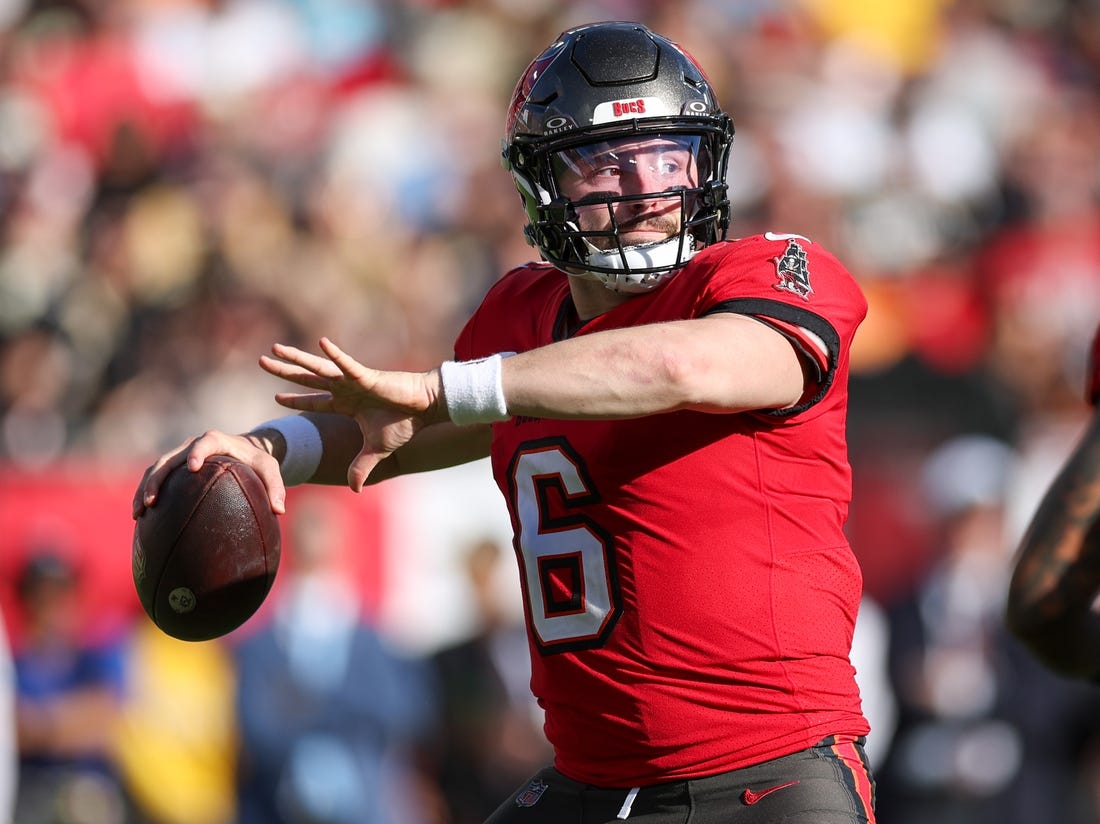 Dec 31, 2023; Tampa, Florida, USA;  Tampa Bay Buccaneers quarterback Baker Mayfield (6) drops back to pass against the New Orleans Saints in the fourth quarter at Raymond James Stadium. Mandatory Credit: Nathan Ray Seebeck-USA TODAY Sports