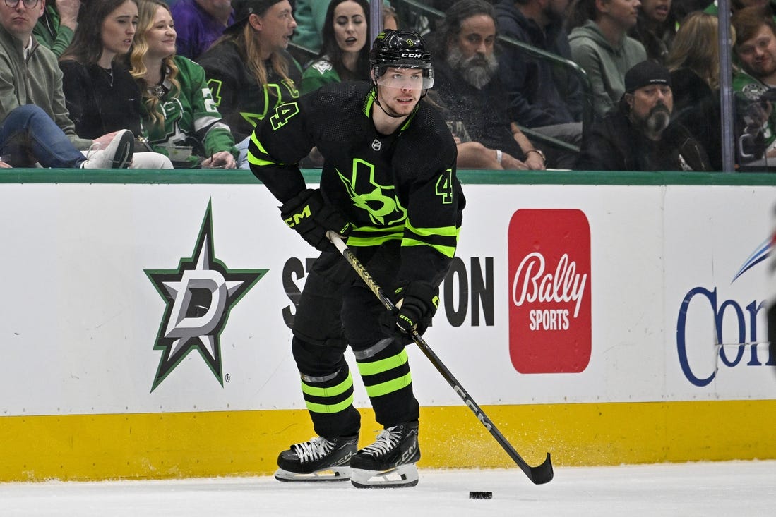 Dec 31, 2023; Dallas, Texas, USA; Dallas Stars defenseman Miro Heiskanen (4) skates against the Chicago Blackhawks during the second period at the American Airlines Center. Mandatory Credit: Jerome Miron-USA TODAY Sports