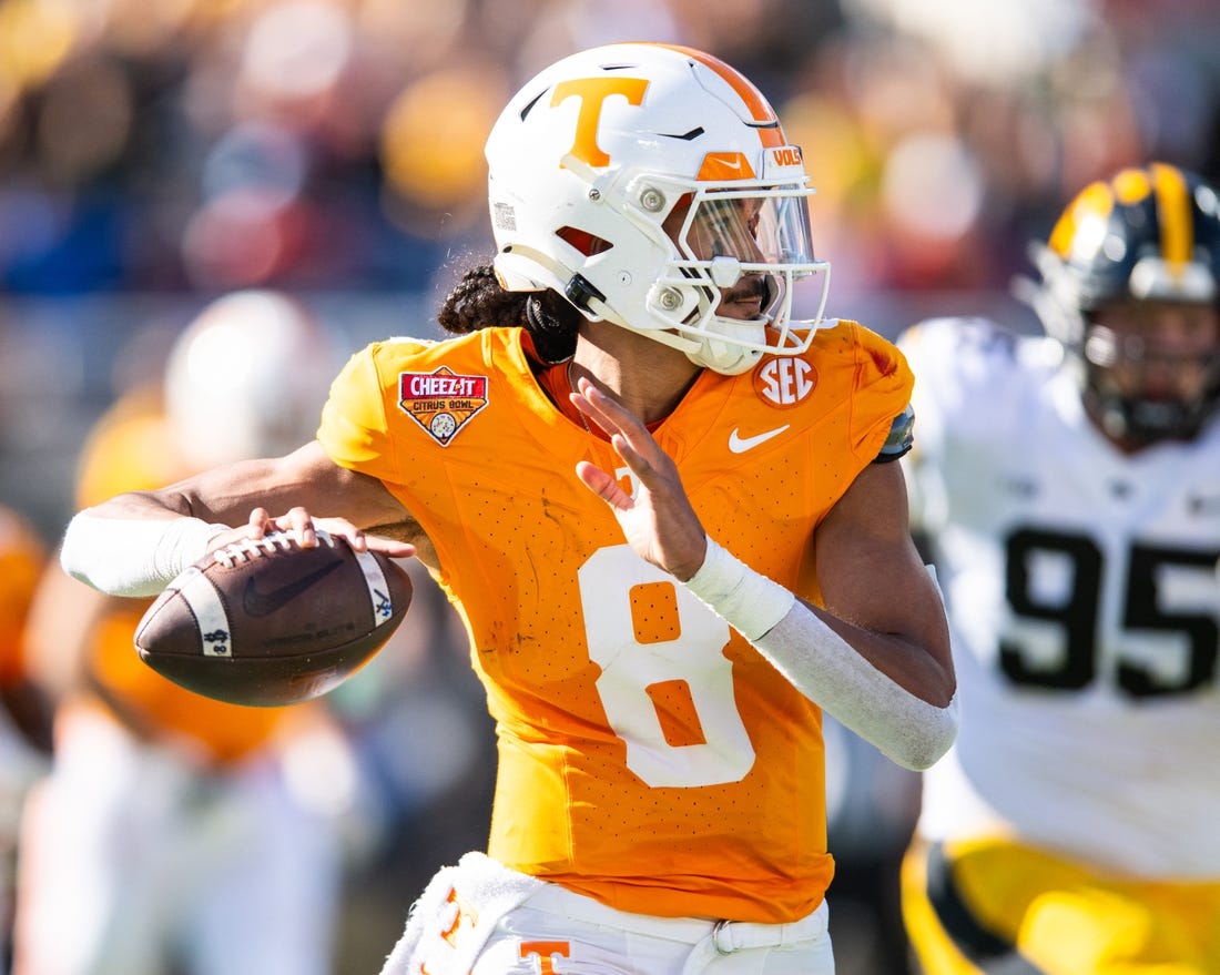 Jan 1, 2024; Orlando, FL, USA; Tennessee Volunteers quarterback Nico Iamaleava (8) throws the ball against the Iowa Hawkeyes in the second quarter at Camping World Stadium. Mandatory Credit: Jeremy Reper-USA TODAY Sports