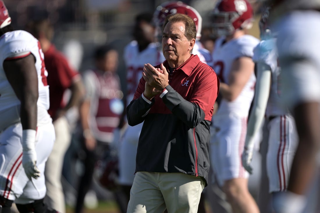 Jan 1, 2024; Pasadena, CA, USA; Alabama Crimson Tide head coach Nick Saban looks before the game against the Michigan Wolverines in the 2024 Rose Bowl college football playoff semifinal game at Rose Bowl. Mandatory Credit: Jayne Kamin-Oncea-USA TODAY Sports