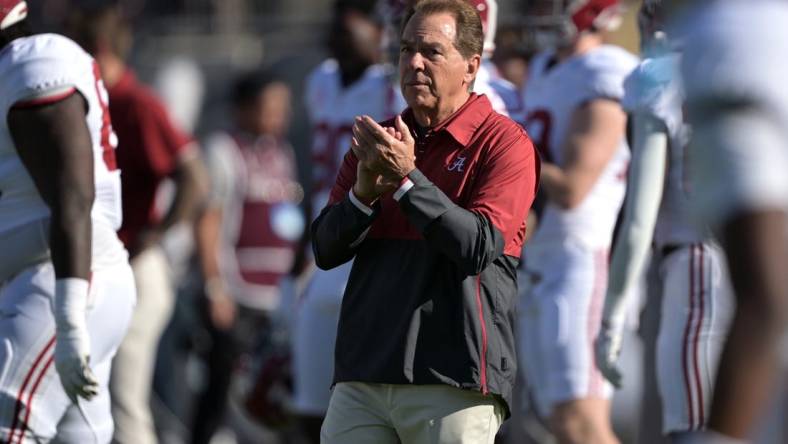 Jan 1, 2024; Pasadena, CA, USA; Alabama Crimson Tide head coach Nick Saban looks before the game against the Michigan Wolverines in the 2024 Rose Bowl college football playoff semifinal game at Rose Bowl. Mandatory Credit: Jayne Kamin-Oncea-USA TODAY Sports