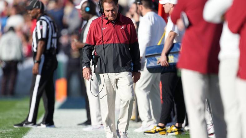 Jan 1, 2024; Pasadena, CA, USA; Alabama Crimson Tide head coach Nick Saban walks the sideline during the first half against the Michigan Wolverines in the 2024 Rose Bowl college football playoff semifinal game at Rose Bowl. Mandatory Credit: Kirby Lee-USA TODAY Sports