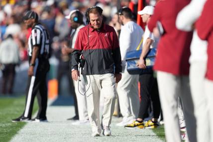 Jan 1, 2024; Pasadena, CA, USA; Alabama Crimson Tide head coach Nick Saban walks the sideline during the first half against the Michigan Wolverines in the 2024 Rose Bowl college football playoff semifinal game at Rose Bowl. Mandatory Credit: Kirby Lee-USA TODAY Sports