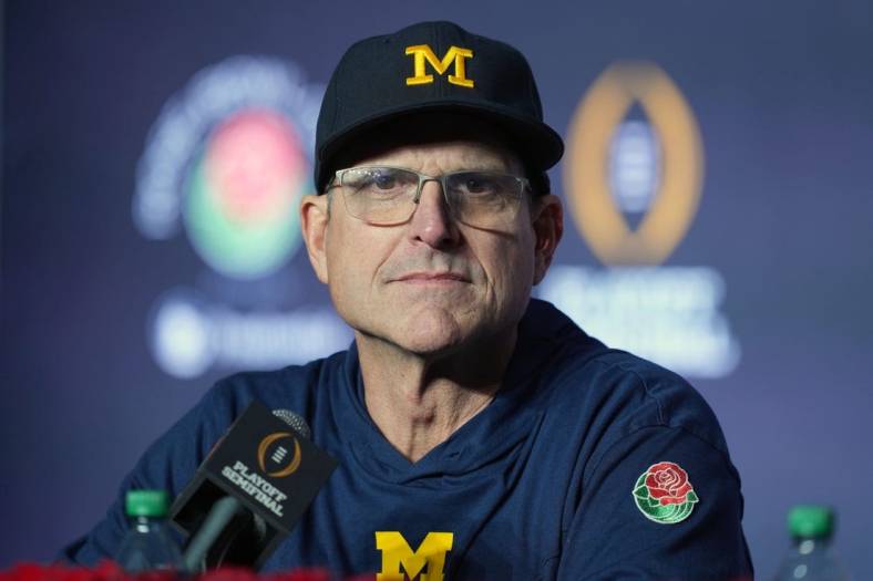 Jan 1, 2024; Pasadena, CA, USA; Michigan Wolverines head coach Jim Harbaugh speaks in a press conference after defeating the Alabama Crimson Tide in the 2024 Rose Bowl college football playoff semifinal game at Rose Bowl. Mandatory Credit: Kirby Lee-USA TODAY Sports