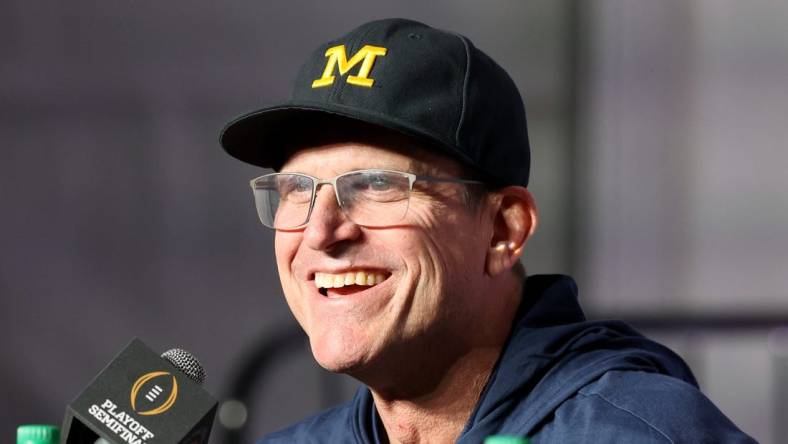 Jan 1, 2024; Pasadena, CA, USA; Michigan Wolverines head coach Jim Harbaugh speaks in a press conference after defeating the Alabama Crimson Tide in the 2024 Rose Bowl college football playoff semifinal game at Rose Bowl.  Mandatory Credit: Kiyoshi Mio-USA TODAY Sports