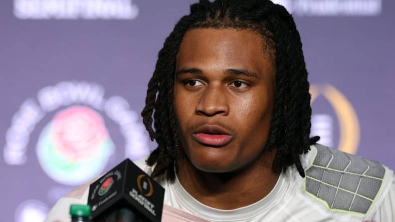 Jan 1, 2024; Pasadena, CA, USA; Michigan Wolverines linebacker Junior Colson (25) speaks in a press conference after defeating the Alabama Crimson Tide in the 2024 Rose Bowl college football playoff semifinal game at Rose Bowl. Mandatory Credit: Kiyoshi Mio-USA TODAY Sports