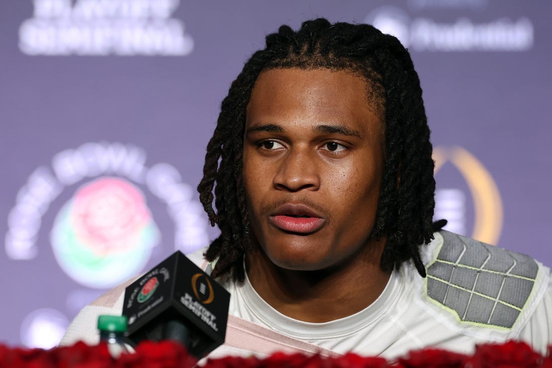 Jan 1, 2024; Pasadena, CA, USA; Michigan Wolverines linebacker Junior Colson (25) speaks in a press conference after defeating the Alabama Crimson Tide in the 2024 Rose Bowl college football playoff semifinal game at Rose Bowl. Mandatory Credit: Kiyoshi Mio-USA TODAY Sports