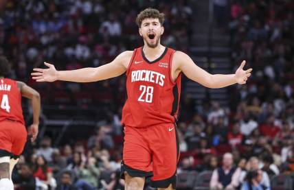 Jan 1, 2024; Houston, Texas, USA; Houston Rockets center Alperen Sengun (28) reacts after a play during the third quarter against the Detroit Pistons at Toyota Center. Mandatory Credit: Troy Taormina-USA TODAY Sports
