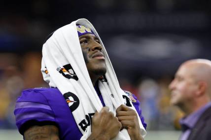 Jan 1, 2024; New Orleans, LA, USA; Washington Huskies wide receiver Germie Bernard (4) watches a video review during the fourth quarter of the 2024 Sugar Bowl college football playoff semifinal game at Caesars Superdome. Mandatory Credit: Geoff Burke-USA TODAY Sports