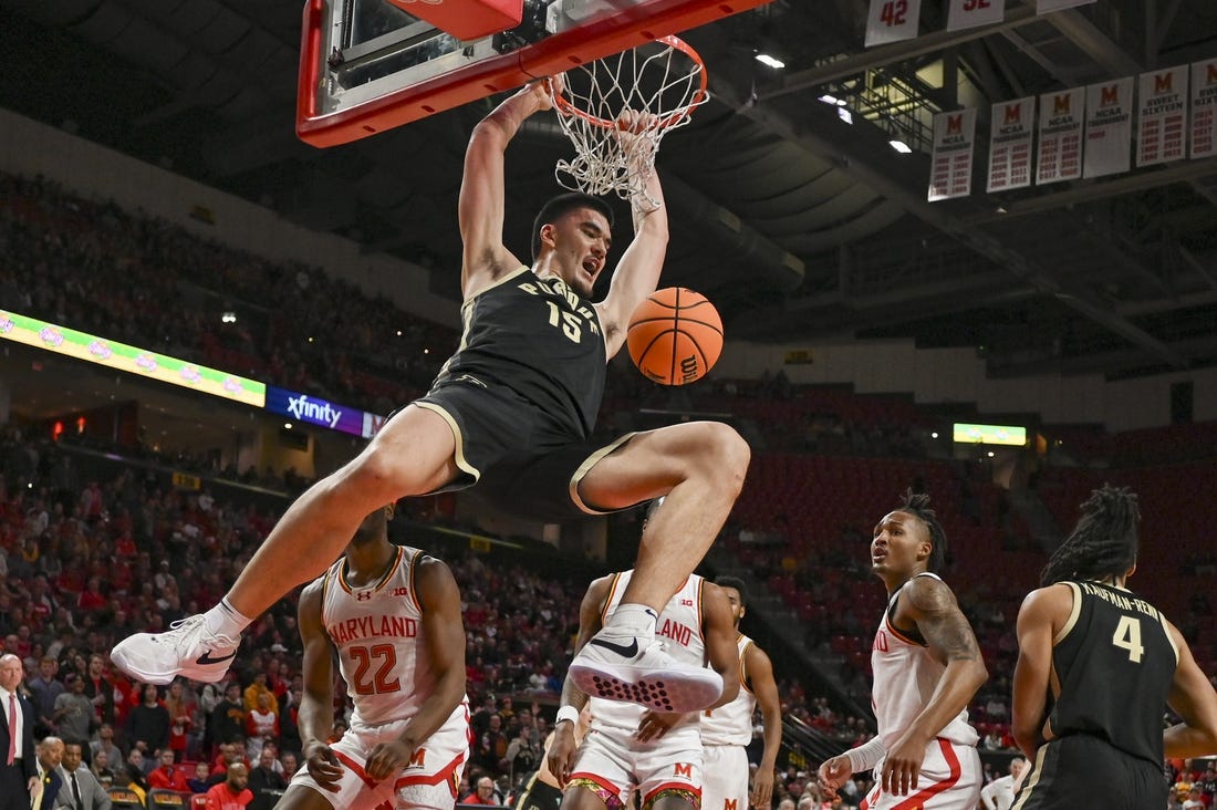 Jan 2, 2024; College Park, Maryland, USA; Purdue Boilermakers center Zach Edey (15) dunks during the first half against the Maryland Terrapins at Xfinity Center. Mandatory Credit: Tommy Gilligan-USA TODAY Sports