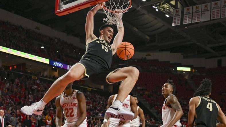 Jan 2, 2024; College Park, Maryland, USA; Purdue Boilermakers center Zach Edey (15) dunks during the first half against the Maryland Terrapins at Xfinity Center. Mandatory Credit: Tommy Gilligan-USA TODAY Sports