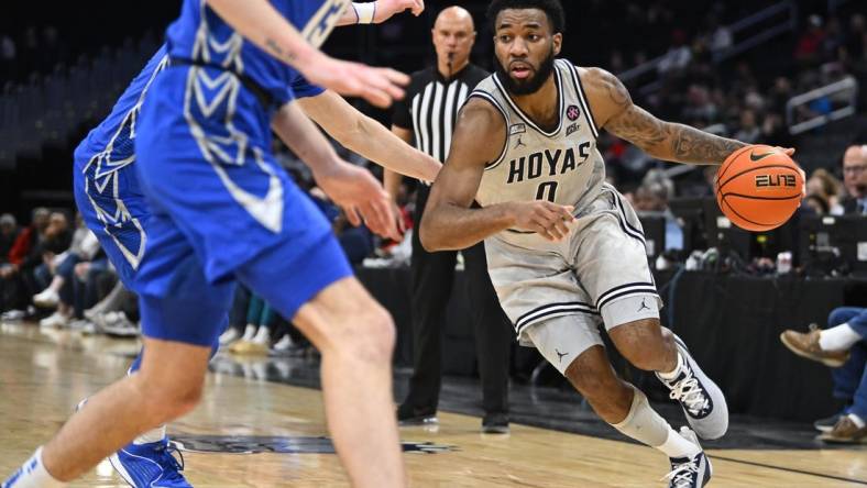 Jan 2, 2024; Washington, District of Columbia, USA; Georgetown Hoyas guard Dontrez Styles (0) dribbles against the Creighton Bluejays during the second half at Capital One Arena. Mandatory Credit: Brad Mills-USA TODAY Sports