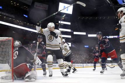 Jan 2, 2024; Columbus, Ohio, USA; Boston Bruins left wing James van Riemsdyk (21) celebrates his goal against the Columbus Blue Jackets during the second period at Nationwide Arena. Mandatory Credit: Russell LaBounty-USA TODAY Sports