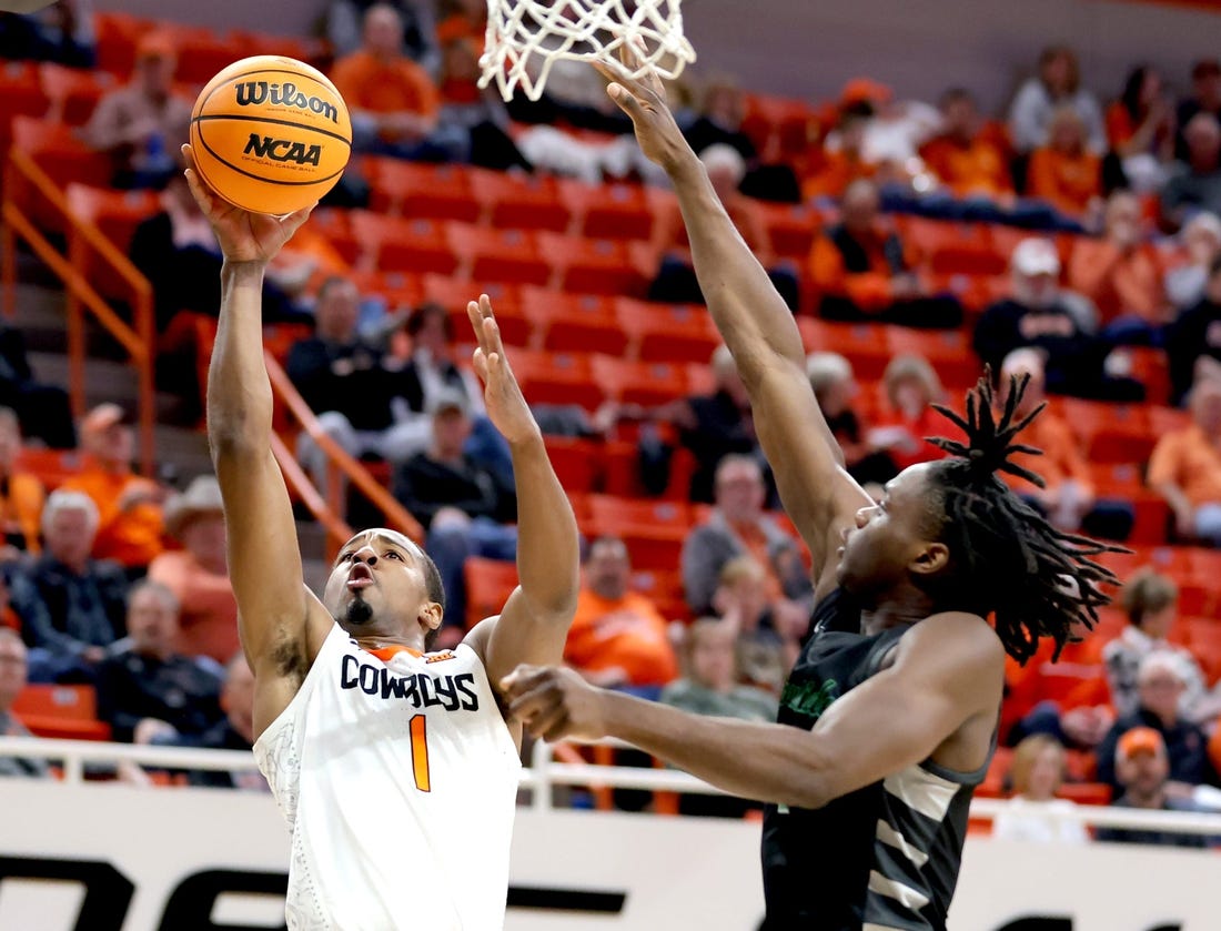 Oklahoma State's Bryce Thompson (1) goes up for a basket as Chicago State's Wesley Cardet Jr. (1) defends of the college basketball game between the Oklahoma State Cowboys and the Chicago State Cougars at Gallagher-Iba Arena in Stillwater, Okla., Wednesday, Jan. 3, 2024.