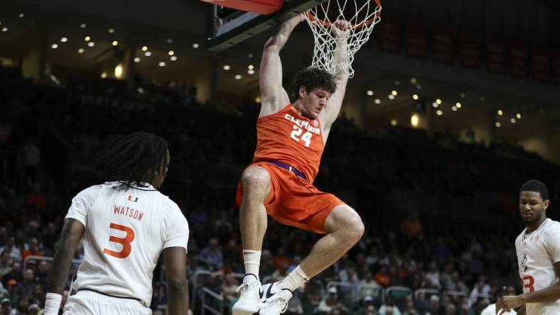 Jan 3, 2024; Coral Gables, Florida, USA; Clemson Tigers center PJ Hall (24) dunks the basketball against the Miami Hurricanes during the first half at Watsco Center. Mandatory Credit: Sam Navarro-USA TODAY Sports