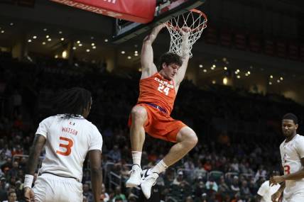 Jan 3, 2024; Coral Gables, Florida, USA; Clemson Tigers center PJ Hall (24) dunks the basketball against the Miami Hurricanes during the first half at Watsco Center. Mandatory Credit: Sam Navarro-USA TODAY Sports