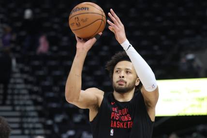 Jan 3, 2024; Salt Lake City, Utah, USA; Detroit Pistons guard Cade Cunningham (2) warms up prior to the game against the Utah Jazz at Delta Center. Mandatory Credit: Rob Gray-USA TODAY Sports