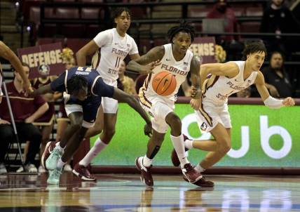 Jan 3, 2024; Tallahassee, Florida, USA; Florida State Seminoles forward Jamir Watkins (2) moves the ball up the court after a defensive stand against the Georgia Tech Yellow Jackets at Donald L. Tucker Center. Mandatory Credit: Melina Myers-USA TODAY Sports