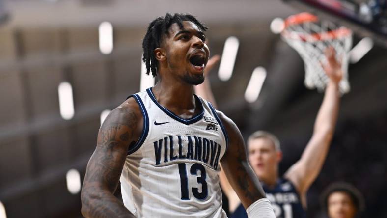 Jan 3, 2024; Villanova, Pennsylvania, USA; Villanova Wildcats guard Hakim Hart (13) reacts against the Xavier Musketeers in the first half at William B. Finneran Pavilion. Mandatory Credit: Kyle Ross-USA TODAY Sports