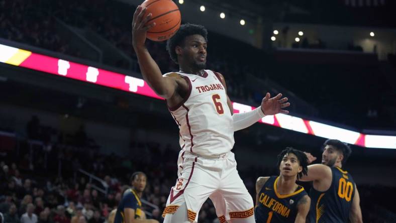 Jan 3, 2024; Los Angeles, California, USA; Southern California Trojans guard Bronny James (6) passes the ball in the second half against the California Golden Bears at Galen Center. Mandatory Credit: Kirby Lee-USA TODAY Sports