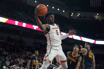 Jan 3, 2024; Los Angeles, California, USA; Southern California Trojans guard Bronny James (6) passes the ball in the second half against the California Golden Bears at Galen Center. Mandatory Credit: Kirby Lee-USA TODAY Sports