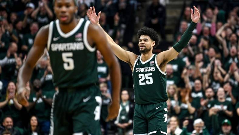 Michigan State's Malik Hall celebrates after a 3-pointer against Penn State during the first half on Thursday, Jan. 4, 2024, in East Lansing.