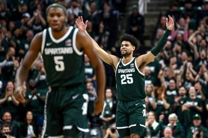 Michigan State's Malik Hall celebrates after a 3-pointer against Penn State during the first half on Thursday, Jan. 4, 2024, in East Lansing.