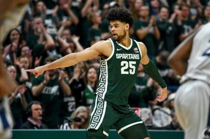 Michigan State's Malik Hall celebrates after making a 3-pointer against Penn State during the second half on Thursday, Jan. 4, 2024, in East Lansing.
