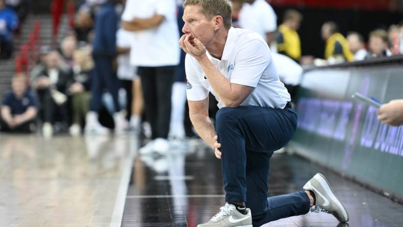 Jan 4, 2024; Spokane, Washington, USA; Gonzaga Bulldogs head coach Mark Few looks on during a game against the Pepperdine Waves in the first half at Spokane Arena. Mandatory Credit: James Snook-USA TODAY Sports