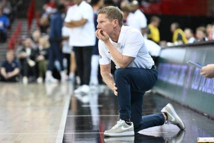 Jan 4, 2024; Spokane, Washington, USA; Gonzaga Bulldogs head coach Mark Few looks on during a game against the Pepperdine Waves in the first half at Spokane Arena. Mandatory Credit: James Snook-USA TODAY Sports