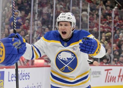 Jan 4, 2024; Montreal, Quebec, CAN; Buffalo Sabres forward Jeff Skinner (53) celebrates after the goal scored against the Montreal Canadiens by teammate forward Tage Thompson (72) (not pictured) during the third period at the Bell Centre. Mandatory Credit: Eric Bolte-USA TODAY Sports