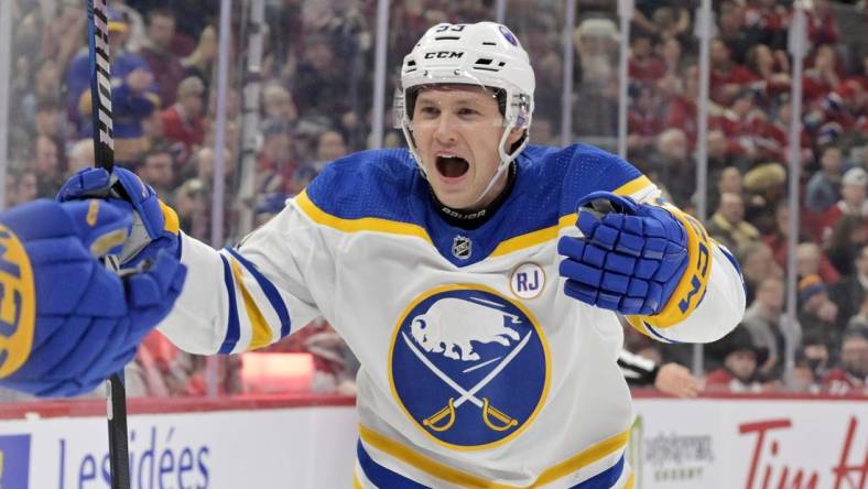 Jan 4, 2024; Montreal, Quebec, CAN; Buffalo Sabres forward Jeff Skinner (53) celebrates after the goal scored against the Montreal Canadiens by teammate forward Tage Thompson (72) (not pictured) during the third period at the Bell Centre. Mandatory Credit: Eric Bolte-USA TODAY Sports