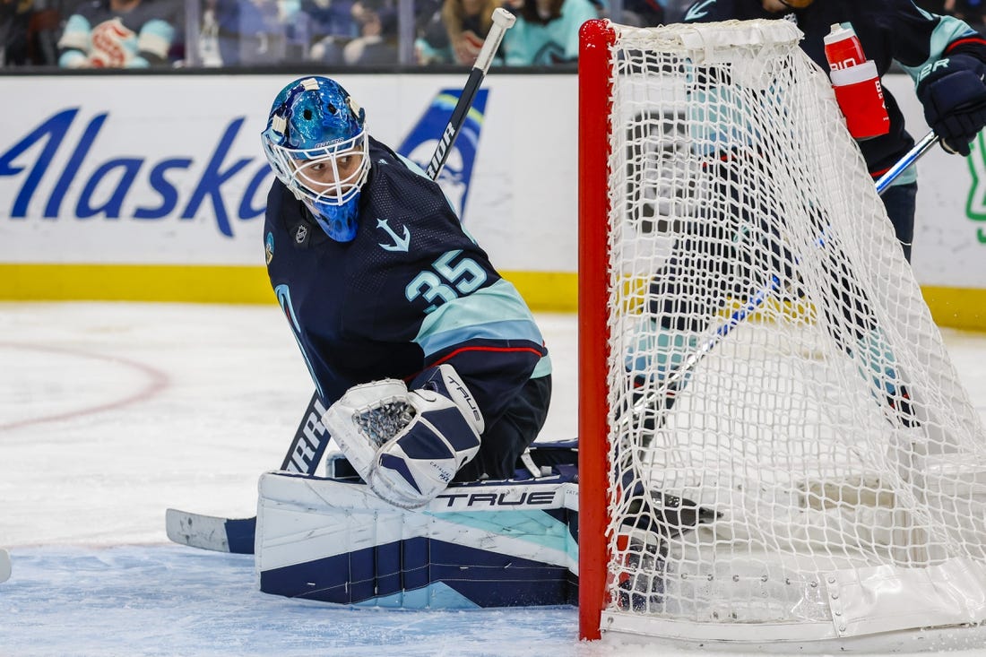 Jan 4, 2024; Seattle, Washington, USA; Seattle Kraken goaltender Joey Daccord (35) reacts to action behind the net during the third period against the Ottawa Senators at Climate Pledge Arena. Mandatory Credit: Joe Nicholson-USA TODAY Sports