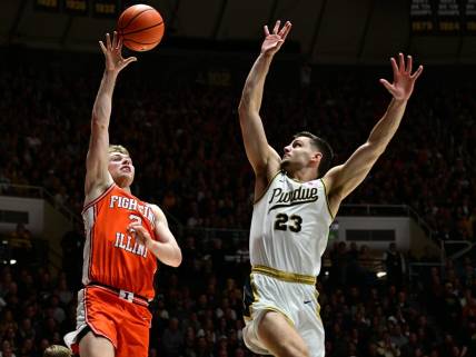 Jan 5, 2024; West Lafayette, Indiana, USA; Illinois Fighting Illini forward Marcus Domask (3) shoots the ball over Purdue Boilermakers forward Camden Heide (23) during the first half at Mackey Arena. Mandatory Credit: Marc Lebryk-USA TODAY Sports