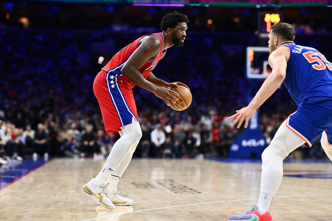 Jan 5, 2024; Philadelphia, Pennsylvania, USA; Philadelphia 76ers center Joel Embiid (21) controls the ball against the New York Knicks in the third quarter at Wells Fargo Center. Mandatory Credit: Kyle Ross-USA TODAY Sports